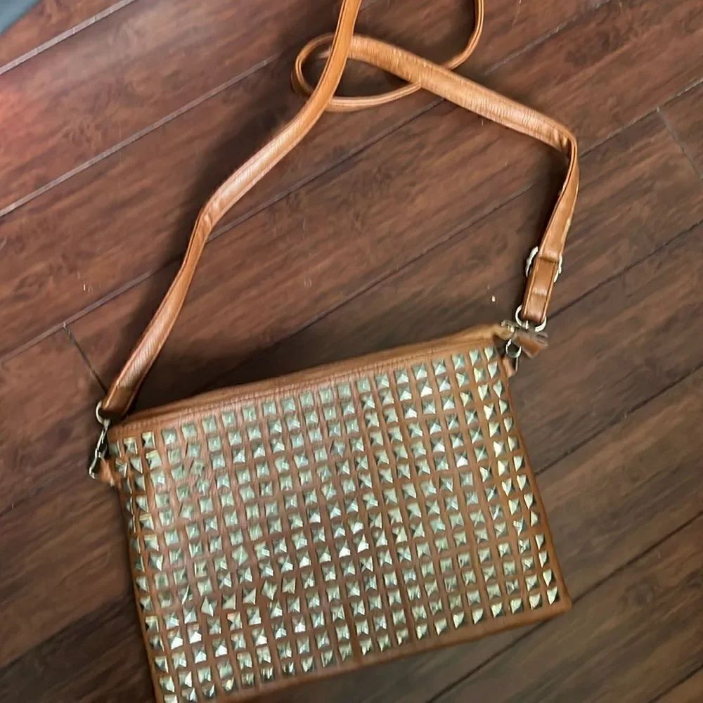 Tan Leather Crossbody / Clutch Comes w Long & Small Strap- Gold Studded LIKE NEW